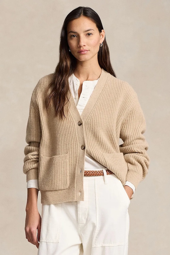 Μάλλινη ζακέτα Polo Ralph Lauren μαλλί μπεζ 211944515