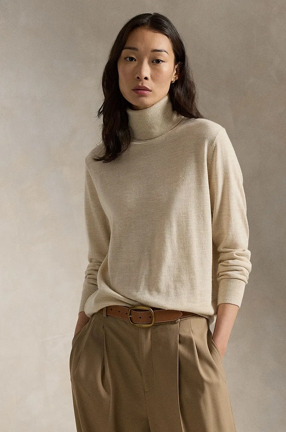 Μάλλινο πουλόβερ Polo Ralph Lauren απλό μπεζ 211956232