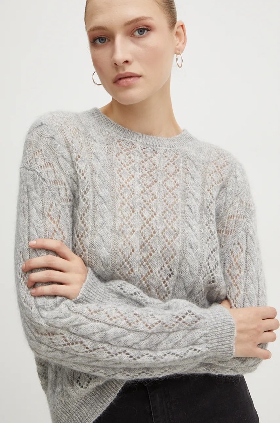 Twinset sweter z domieszką wełny okrągły szary 242TP3691