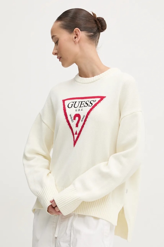 Guess Jeans sweter bawełniany aplikacja beżowy W4BR12.Z3HM1