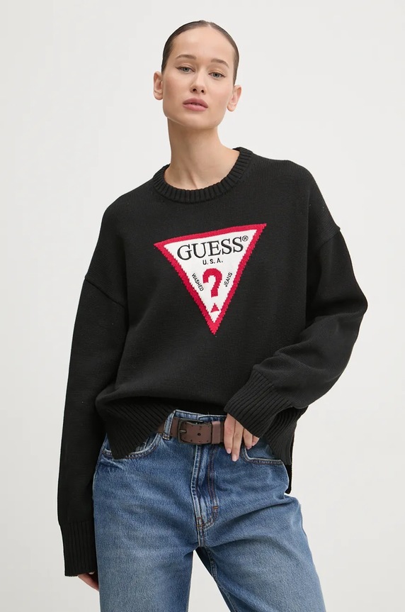 Βαμβακερό πουλόβερ Guess Jeans απλικέ μαύρο W4BR12.Z3HM1
