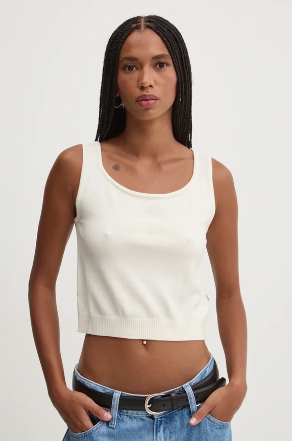 Top s prímesou hodvábu Guess Jeans nášivka béžová W4BR17.Z3HO2