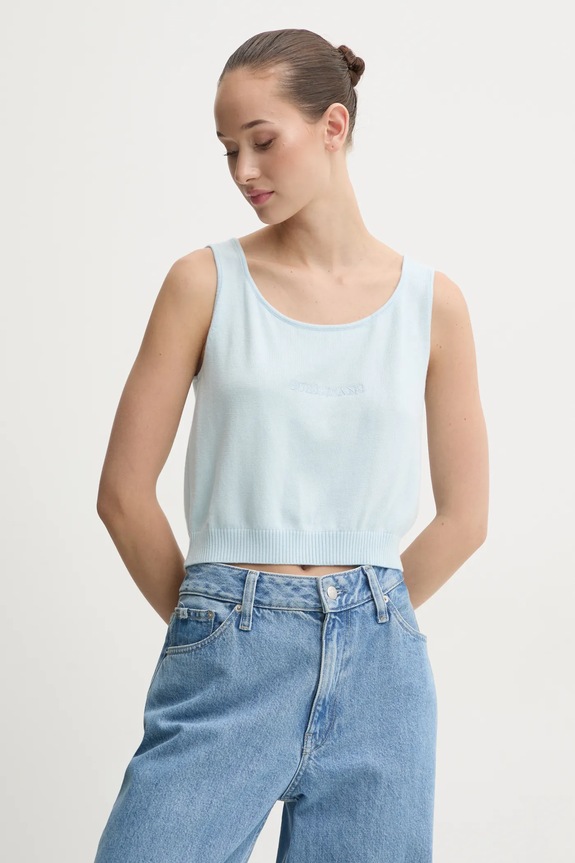 Top s prímesou hodvábu Guess Jeans nášivka modrá W4BR17.Z3HO2