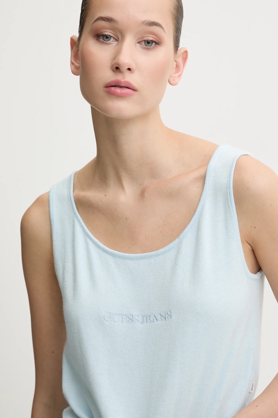 Top s prímesou hodvábu Guess Jeans modrá W4BR17.Z3HO2