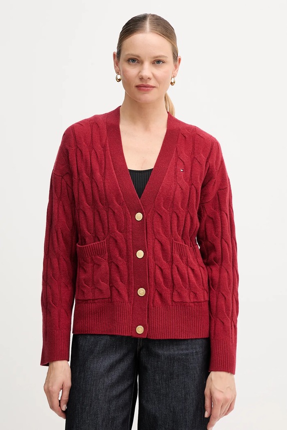 Vlnený kardigán Tommy Hilfiger vlna burgundské WW0WW43089