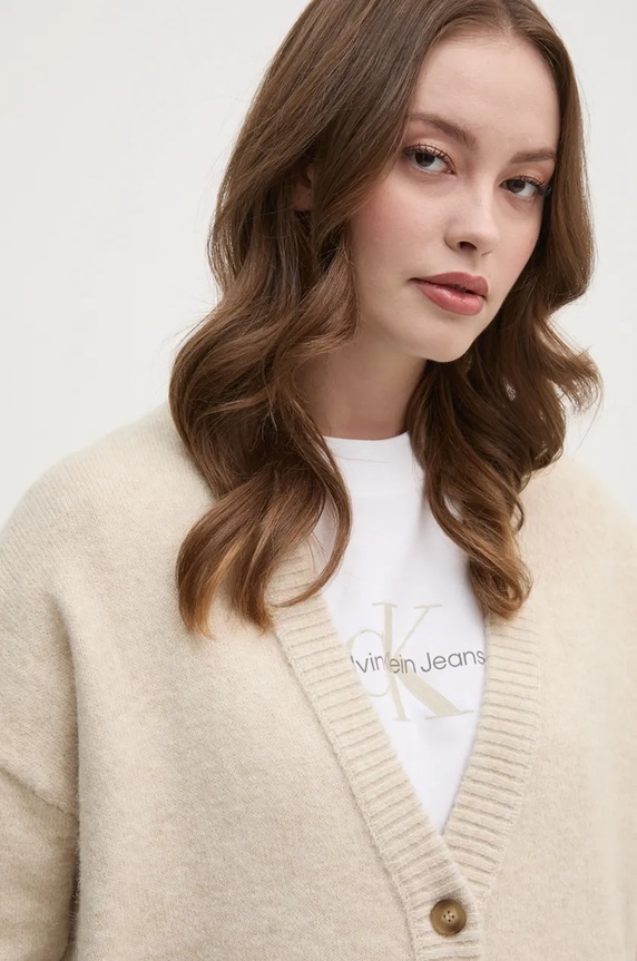 Kardigan s primjesom vune Calvin Klein Jeans bež J20J224234