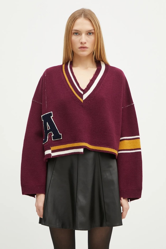 AMBUSH sweter wełniany Damaged Rib V Neck Sweater gruba bordowy BWHD002F24KNI0012846