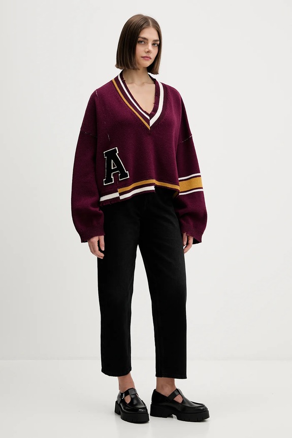 AMBUSH pulover de lână Damaged Rib V Neck Sweater BWHD002F24KNI0012846 burgundia AW24
