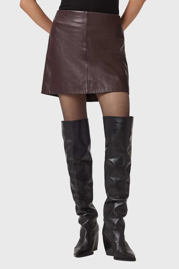 Kožená sukně AllSaints RENAI hladký burgundské W020RB