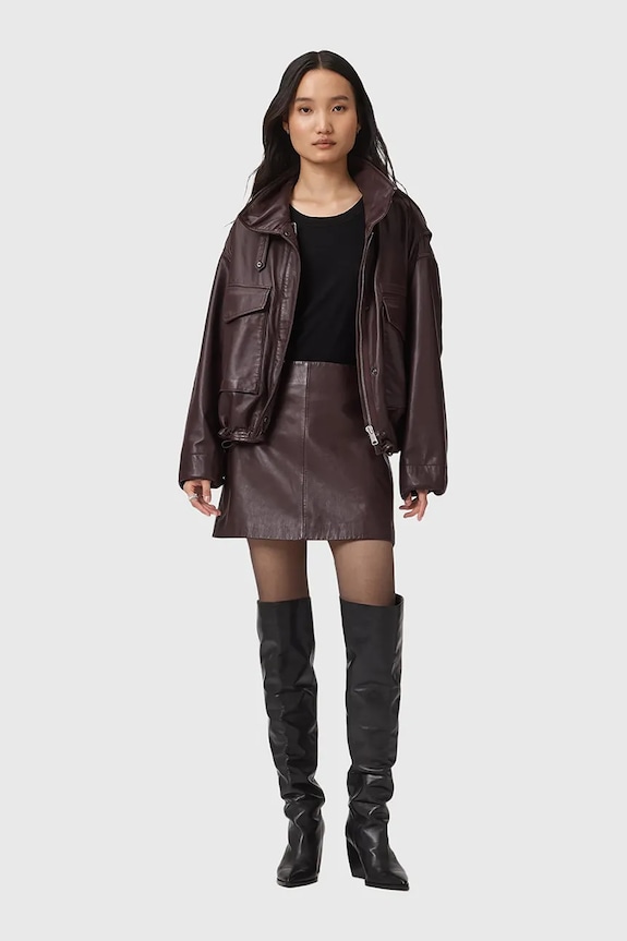 Kožená sukně AllSaints RENAI burgundské W020RB