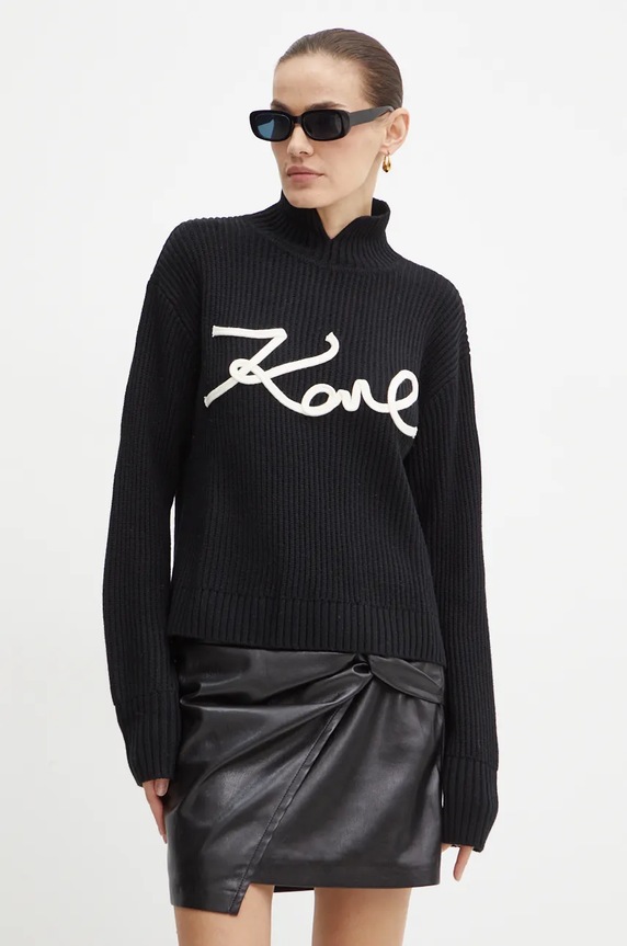 Vlněný svetr Karl Lagerfeld polorolák černá 246W2000