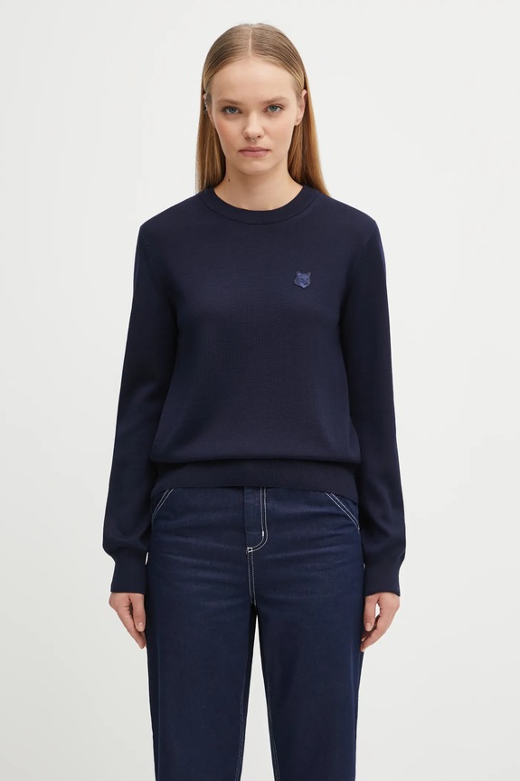 Шерстяной свитер Maison Kitsuné Bold Fox Head Patch круглый вырез тёмно-синий MW00801KT1036