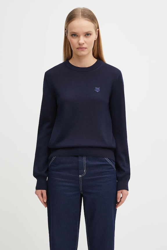 Шерстяной свитер Maison Kitsuné Bold Fox Head Patch круглый вырез тёмно-синий MW00801KT1036