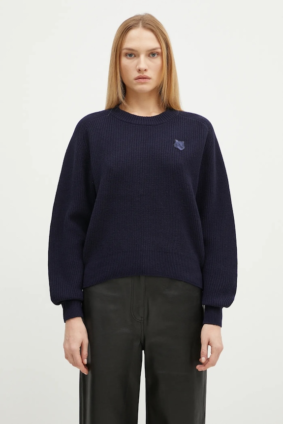 Μάλλινο πουλόβερ Maison Kitsuné Bold Fox Head Patch απλό σκούρο μπλε LW00814KT1093