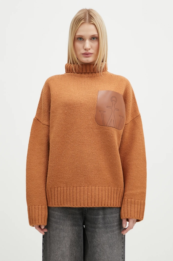Vlněný svetr JW Anderson Leather Patch Pocket Jumper nášivka oranžová KW1292.YN0367.619