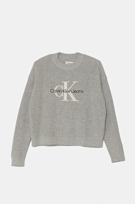 Детски памучен пуловер Calvin Klein Jeans тънък сив IG0IG02647.9BYH.