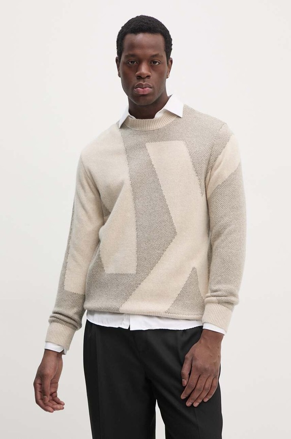 Armani Exchange sweter wełniany okrągły beżowy 6DZM2Q.ZM4QZ