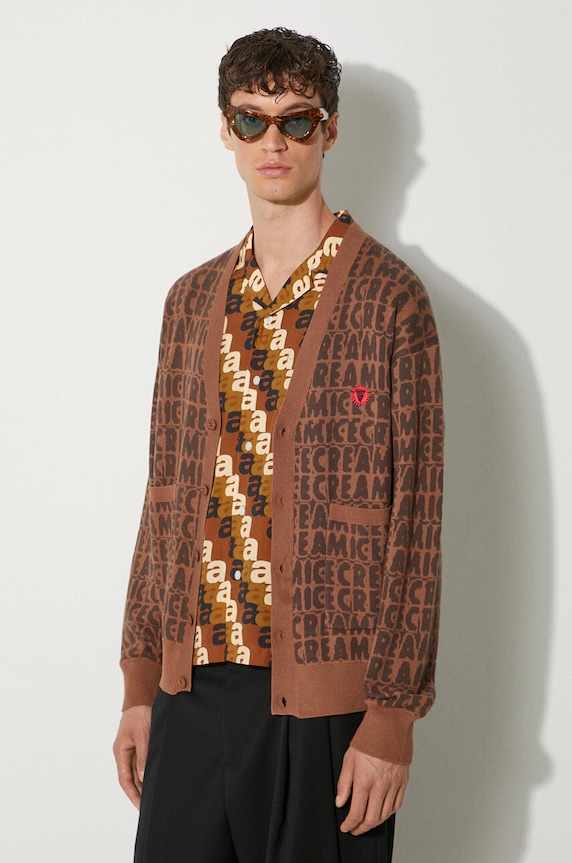 Kardigan s primjesom vune ICECREAM Text Print Cardigan s dodatkom vune smeđa IC24215