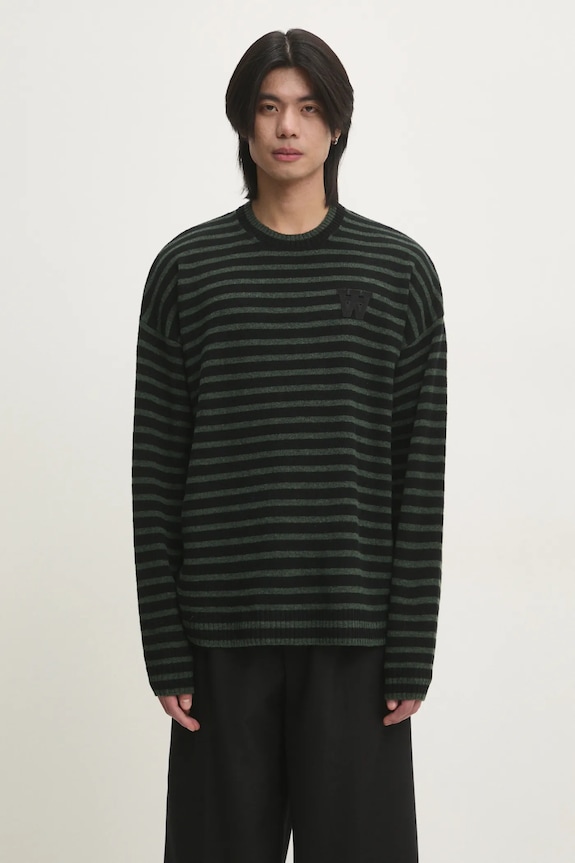Шерстяной свитер Wood Wood Tya Striped Oversized Jumper круглый вырез зелёный 10315502.4159
