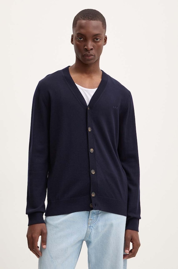 A.P.C. kardigan wełniany cardigan joe logo szpic granatowy WVAWM.H22248