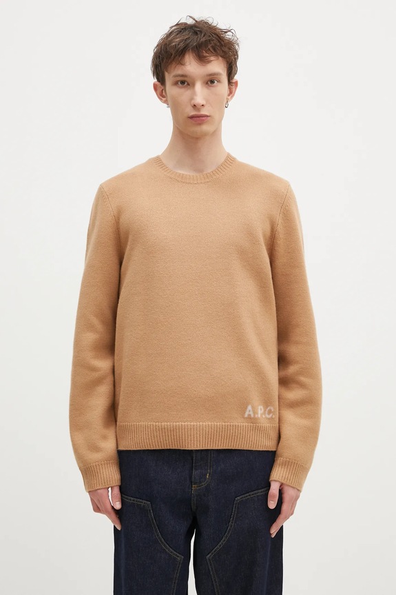 A.P.C. sweter wełniany Pull Edward okrągły brązowy WVBDJ.H23059