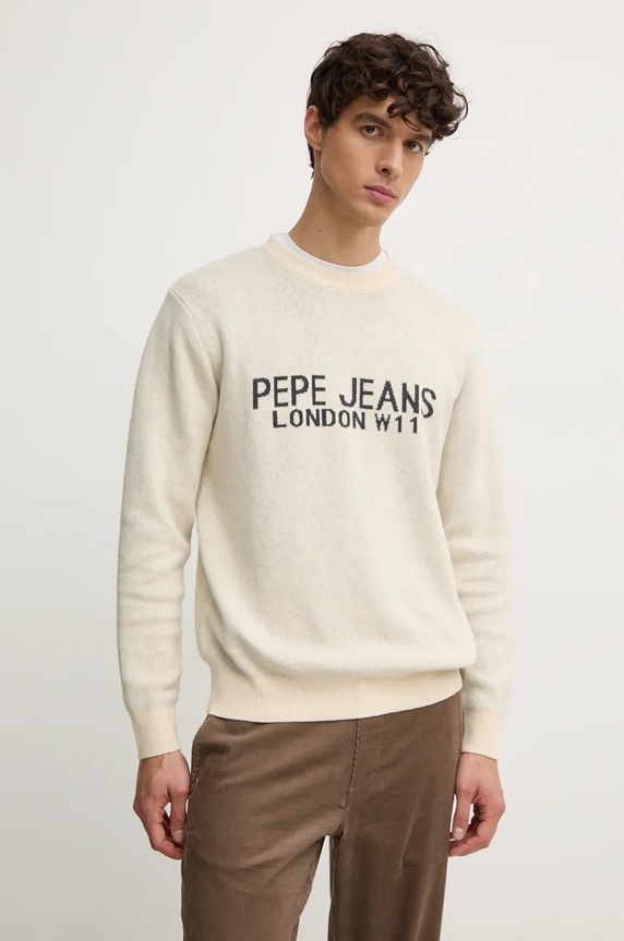 Pepe Jeans sweter z domieszką wełny CARDIN okrągły beżowy PM702466