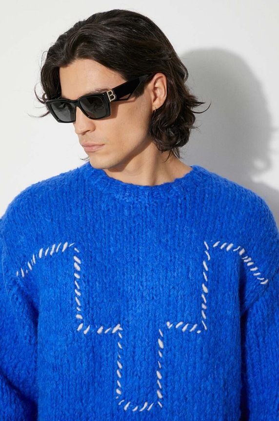 Sveter s prímesou vlny Marcelo Burlon Cross Block Knit Comfort Crew CMHE035F24KNI0054501 tmavomodrá