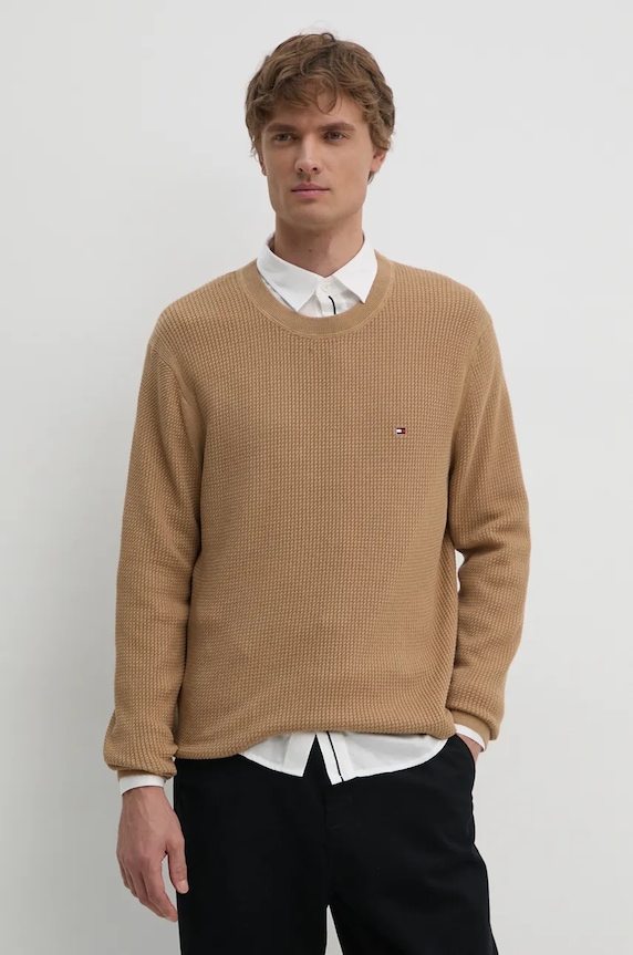 Bavlněný svetr Tommy Hilfiger kulatý béžová MW0MW36525