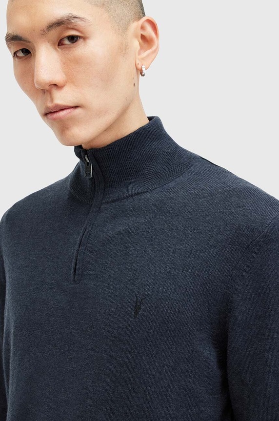 AllSaints sweter z wełną KILBURN ZIP FUNNEL M082KB granatowy AW24