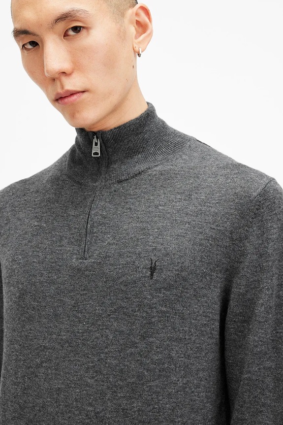 AllSaints sweter wełniany KILBURN ZIP FUNNEL M082KB szary AW24