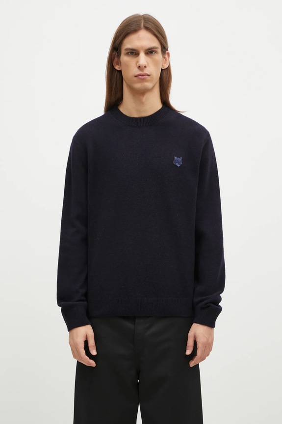 Maison Kitsuné maglione in lana Bold Fox Head Patch applique blu navy NM00805KT1006