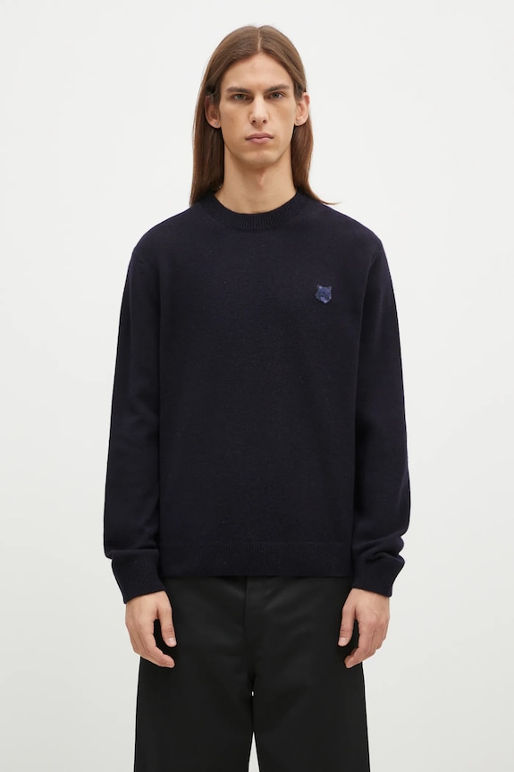 Maison Kitsuné maglione in lana Bold Fox Head Patch applique blu navy NM00805KT1006