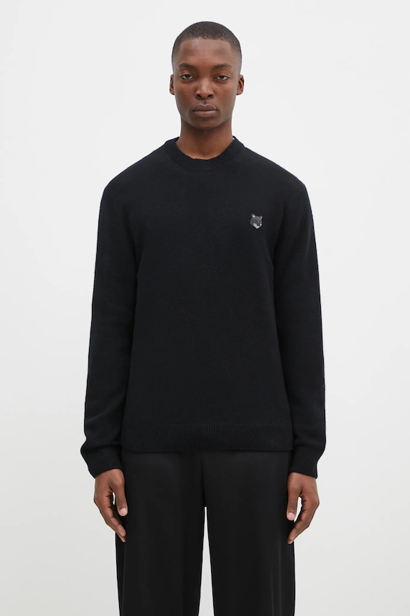 Maison Kitsuné woolen jumper Bold Fox Head Patch round neck black NM00805KT1006