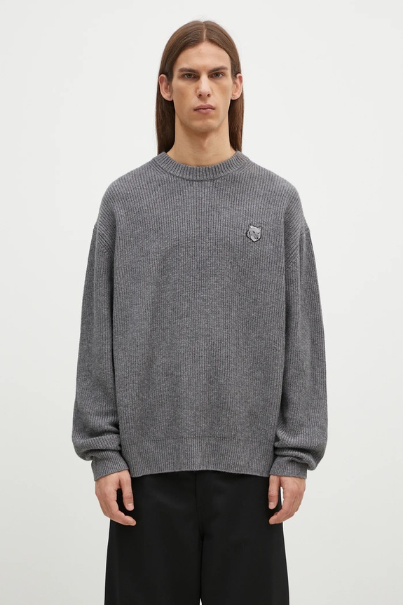 Maison Kitsuné woolen jumper Bold Fox Head Patch round neck gray LM00818KT1093