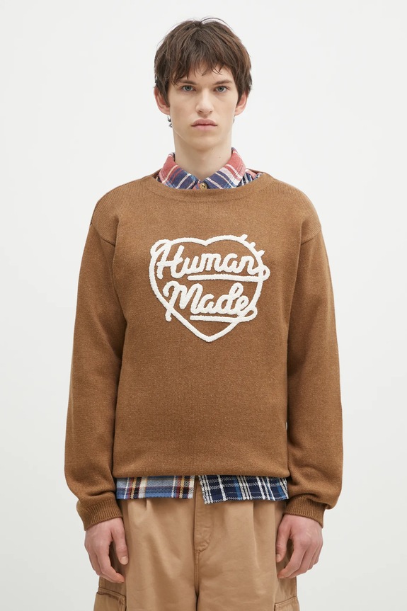 Human Made pulover din amestec de lana Heart Knit Sweater rotund maro HM28CS018