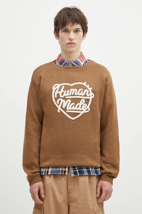 Human Made pulover din amestec de lana Heart Knit Sweater rotund maro HM28CS018