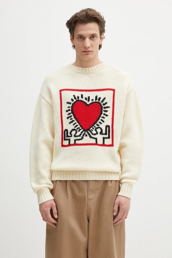 Wacko Maria sweter wełniany x Keith Haring okrągły beżowy KH.WM.KN01