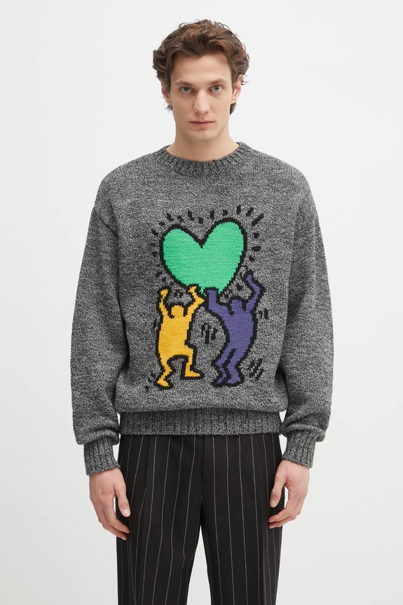 Шерстяной свитер Wacko Maria x Keith Haring круглый вырез серый KH.WM.KN03