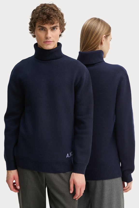 Vuneni pulover A.P.C. pull walter bez uzorka mornarsko plava WVBDJ.M23248