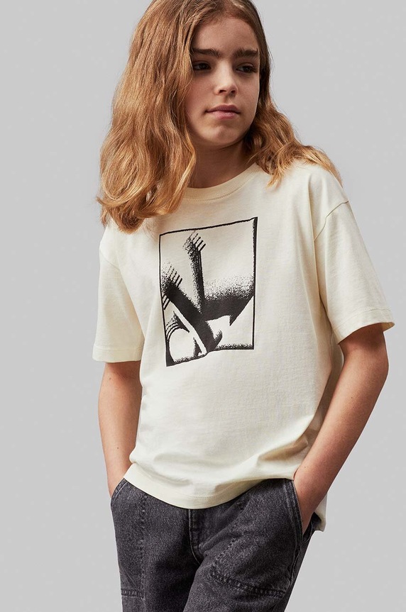 Dětské bavlněné tričko Calvin Klein Jeans kulatý béžová IB0IB02161.9BYH