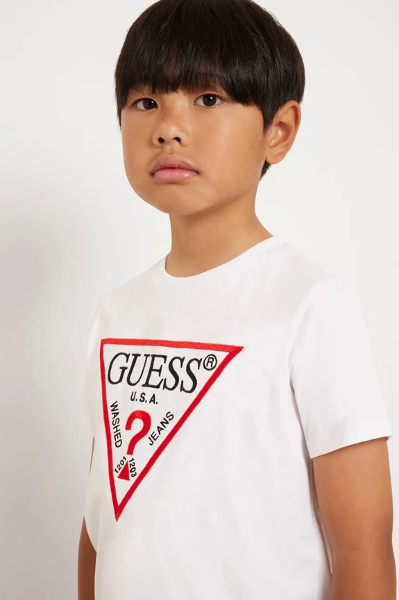 Παιδικό βαμβακερό μπλουζάκι Guess L4YI54.K8HM4.9BYH λευκό
