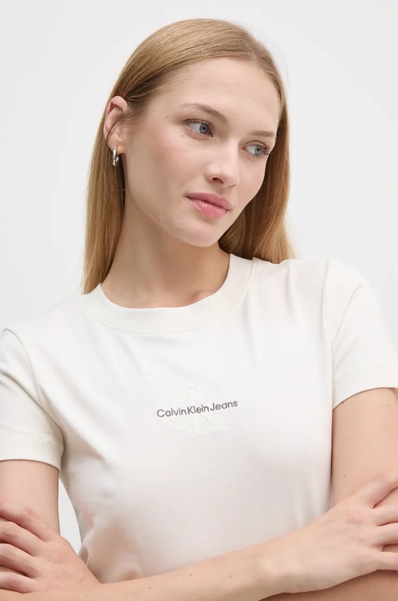 Calvin Klein Jeans tricou din bumbac imprimeu bej J20J223563