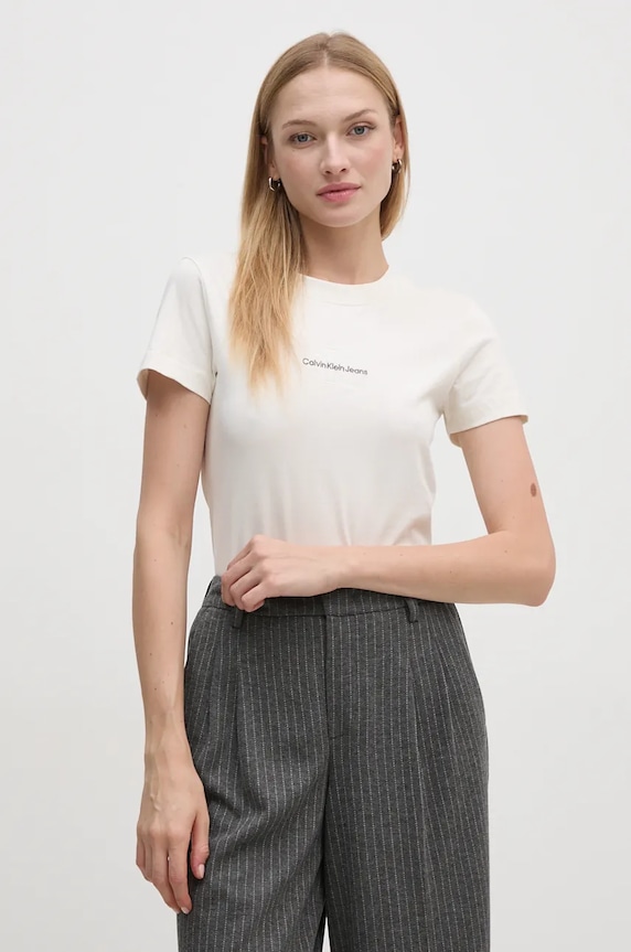 Calvin Klein Jeans tricou din bumbac bej J20J223563