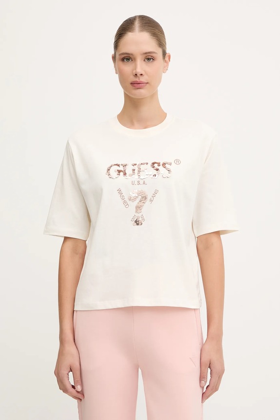 Guess tricou din bumbac AURLIE imprimeu bej V4YI06.I3Z14
