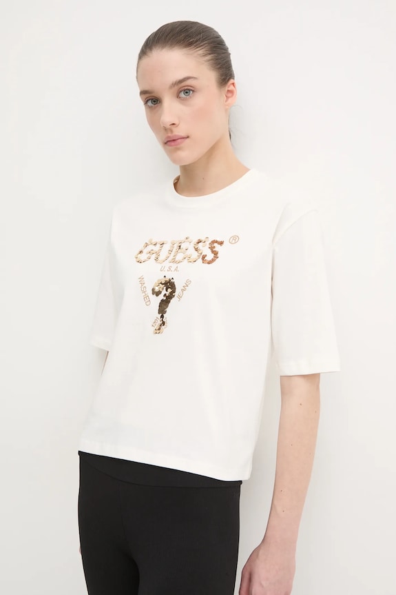 Guess t-shirt bawełniany AURLIE aplikacja beżowy V4YI06.I3Z14