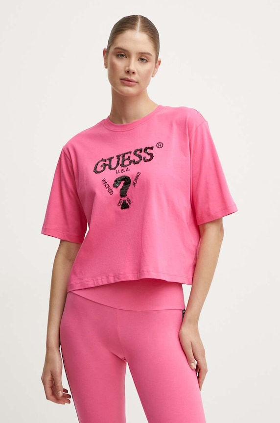 Guess t-shirt bawełniany AURLIE aplikacja różowy V4YI06.I3Z14