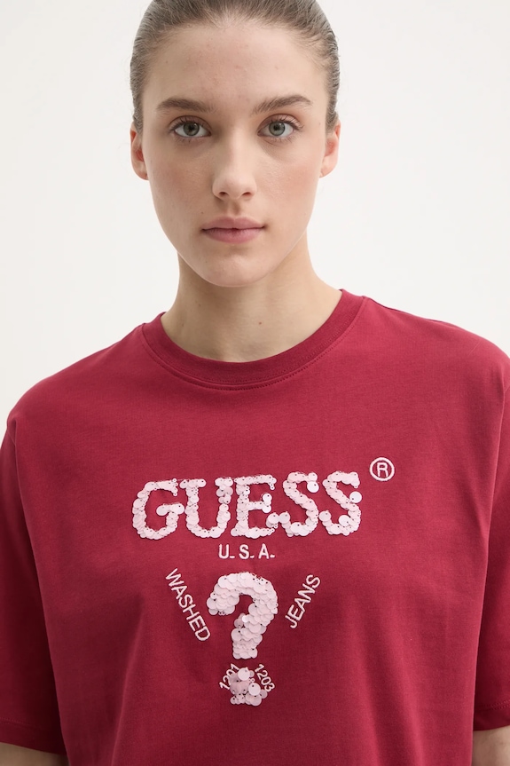 Βαμβακερό μπλουζάκι Guess AURLIE κόκκινο V4YI06.I3Z14