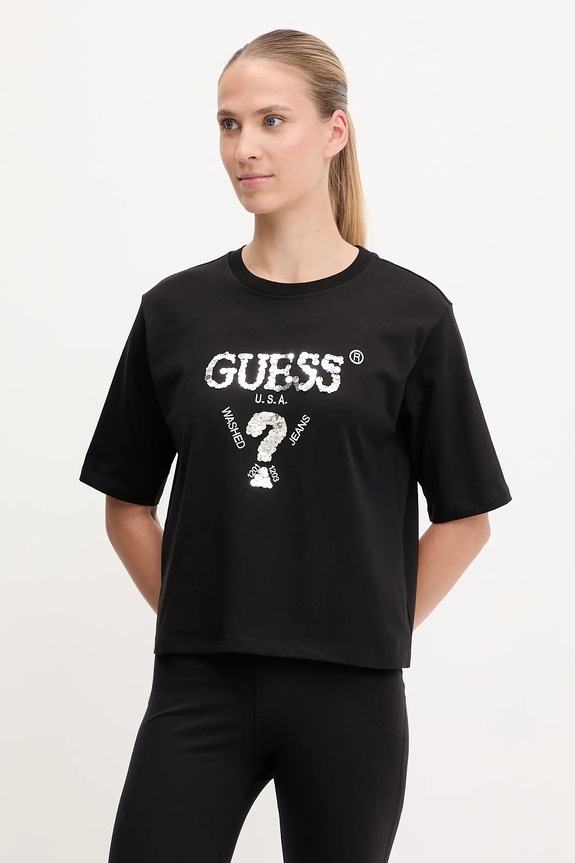 Bavlněné tričko Guess AURLIE kulatý černá V4YI06.I3Z14