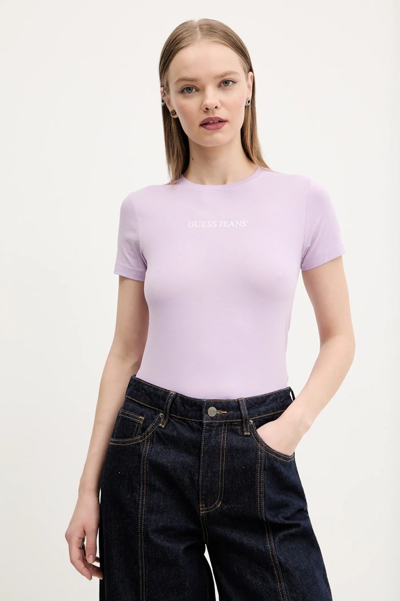 Μπλουζάκι Guess Jeans με ελαστάν μωβ W4YI01.J1314