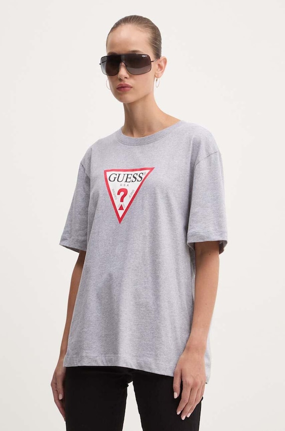 Βαμβακερό μπλουζάκι Guess Jeans στάμπα γκρί W4YI76.K8HM0